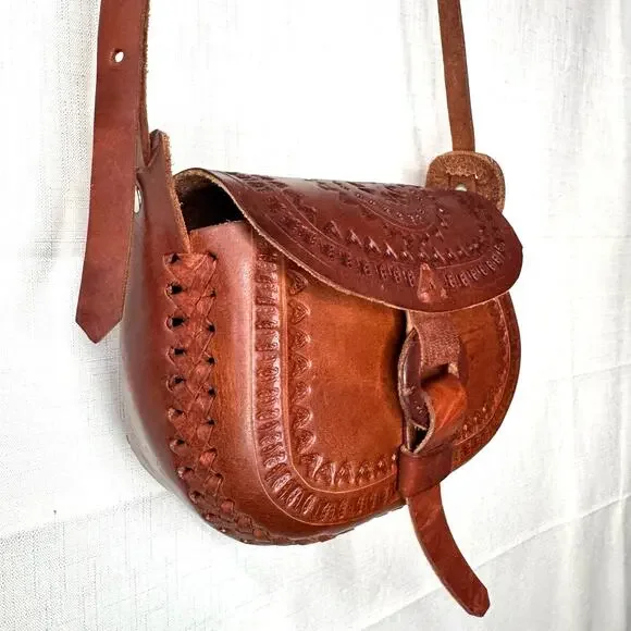 UNIQUE Tooled Leather Purse Crossbody Bag Satchel Mexican Western Cowgirl Boho - Picture 4 of 14